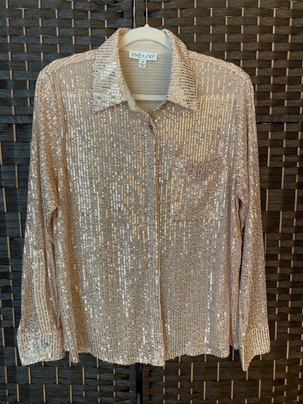 She+Sky Rose Gold Sequin Button-Down Shirt - Size M